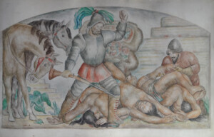Louise Ronnebeck, Mural Study for LA Terminal Annex Post Office, Panel 2, tempera on paper on board, 1944