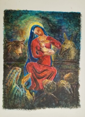 Louise Ronnebeck, Mary and Baby, scratchboard, undated