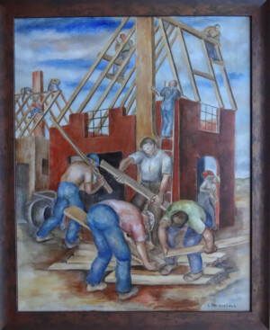 Louise Ronnebeck, Men Building a House aka Building Boom, oil on canvas, c1937