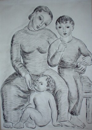 Louise Ronnebeck, Mother and Children, ink and charcoal on paper, undated